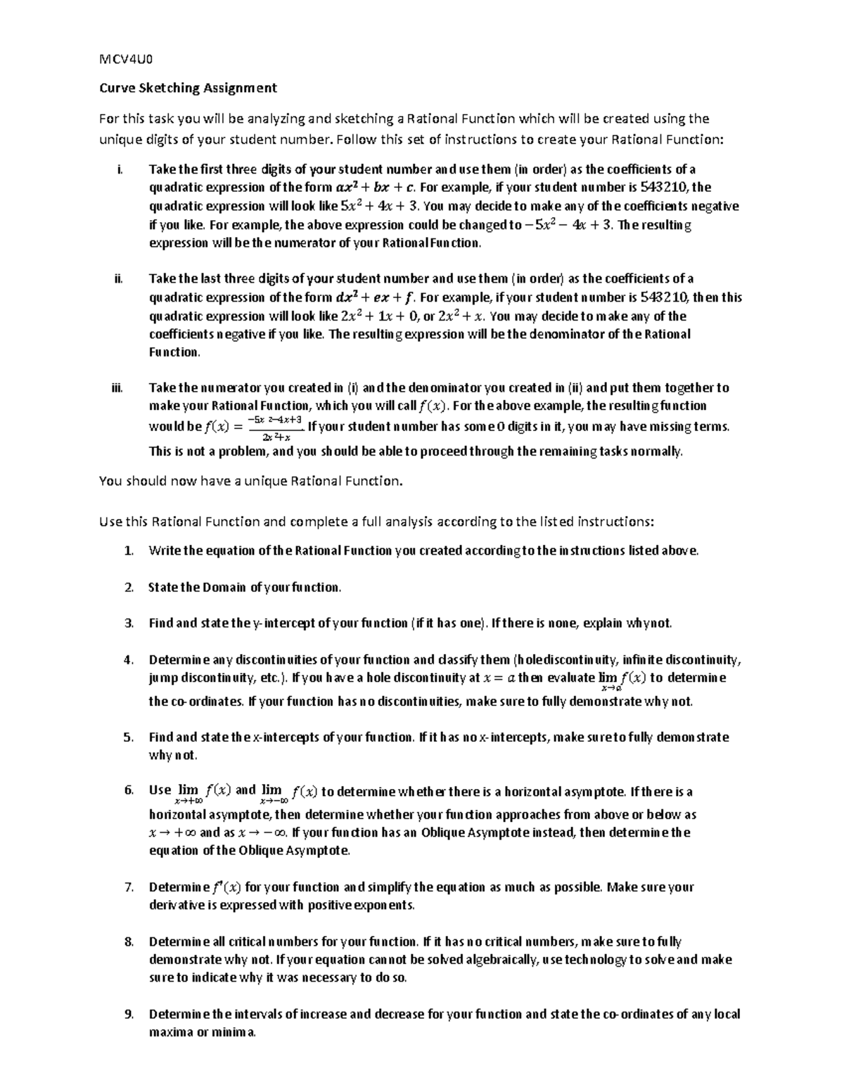 MCV Curve Sketching Summative 2022 - 2 2 MCV4U Curve Sketching ...