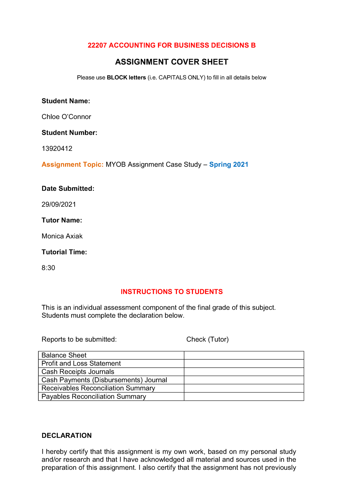 myob assignment answers