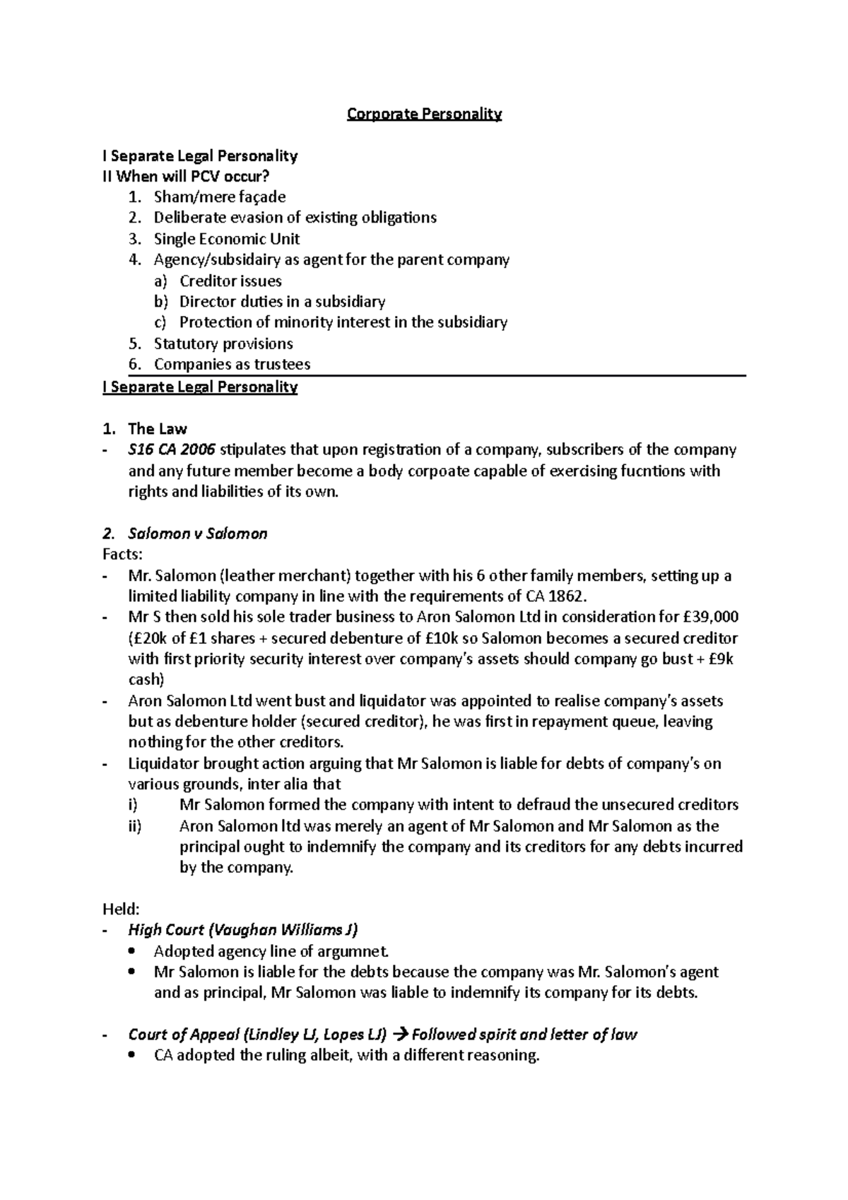PCV condensed - PCV notes - Corporate Personality I Separate Legal ...