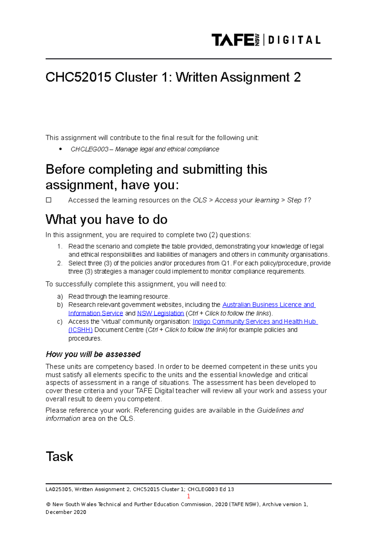 LA025305 CHC52015 Cluster 1 Wrtn Assn 2 - CHC52015 Cluster 1: Written ...
