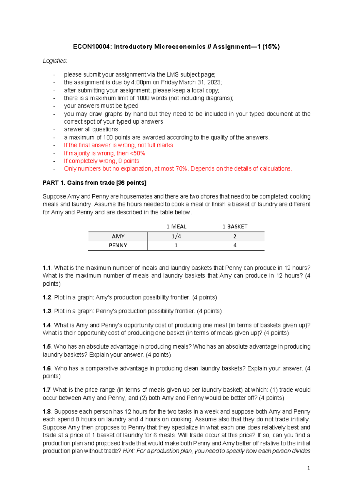 Assignment 1 - 1 ECON10004: Introductory Microeconomics // Assignment—1 ...