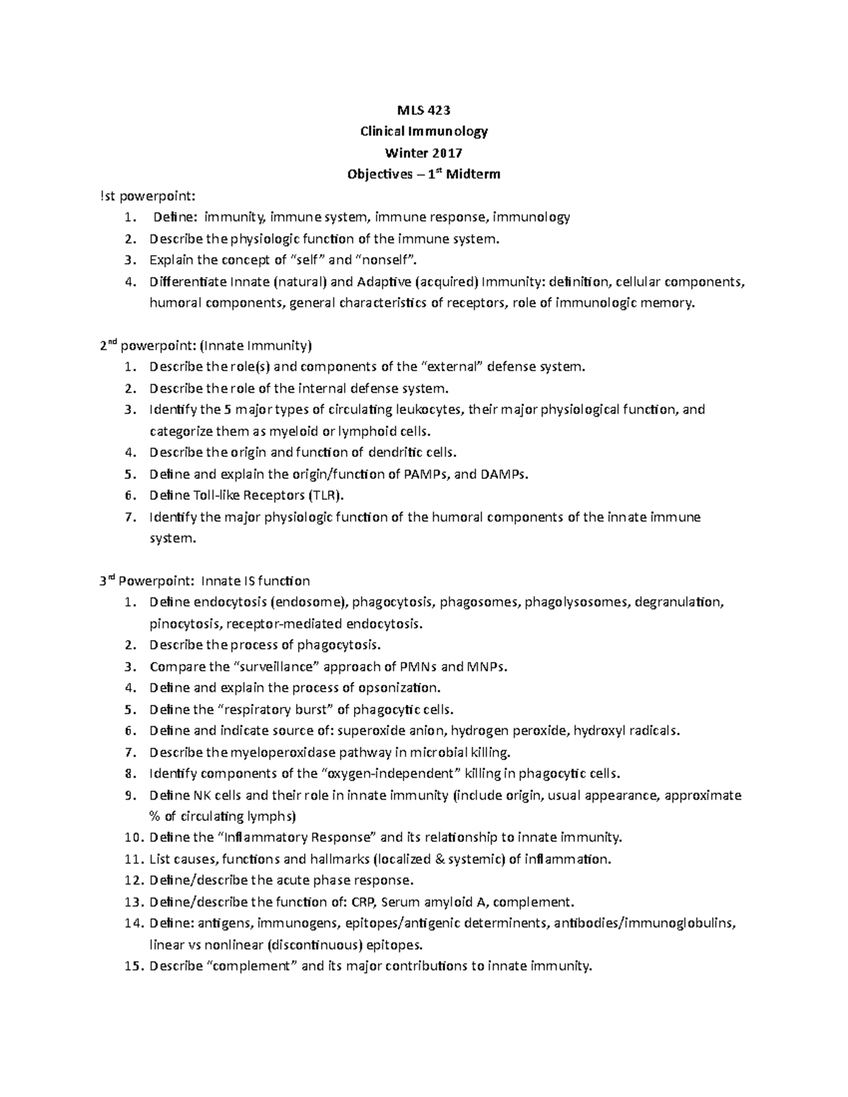 Objectives - 1st exam - MLS 423 Clinical Immunology Winter 2017 ...