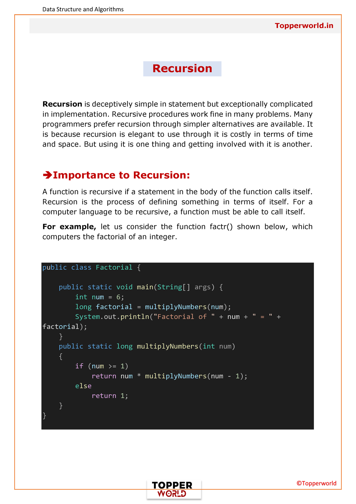 Recursion In Data Structure - Topperworld Recursion Recursion Is ...