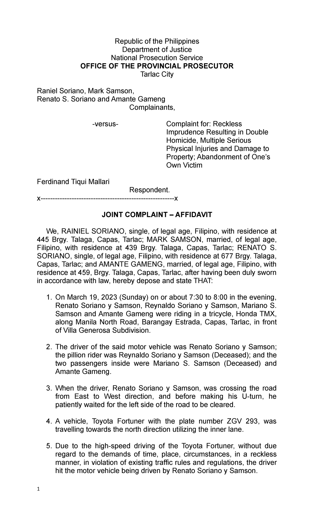 Sample Complaint Affidavit - Republic Of The Philippines Department Of 