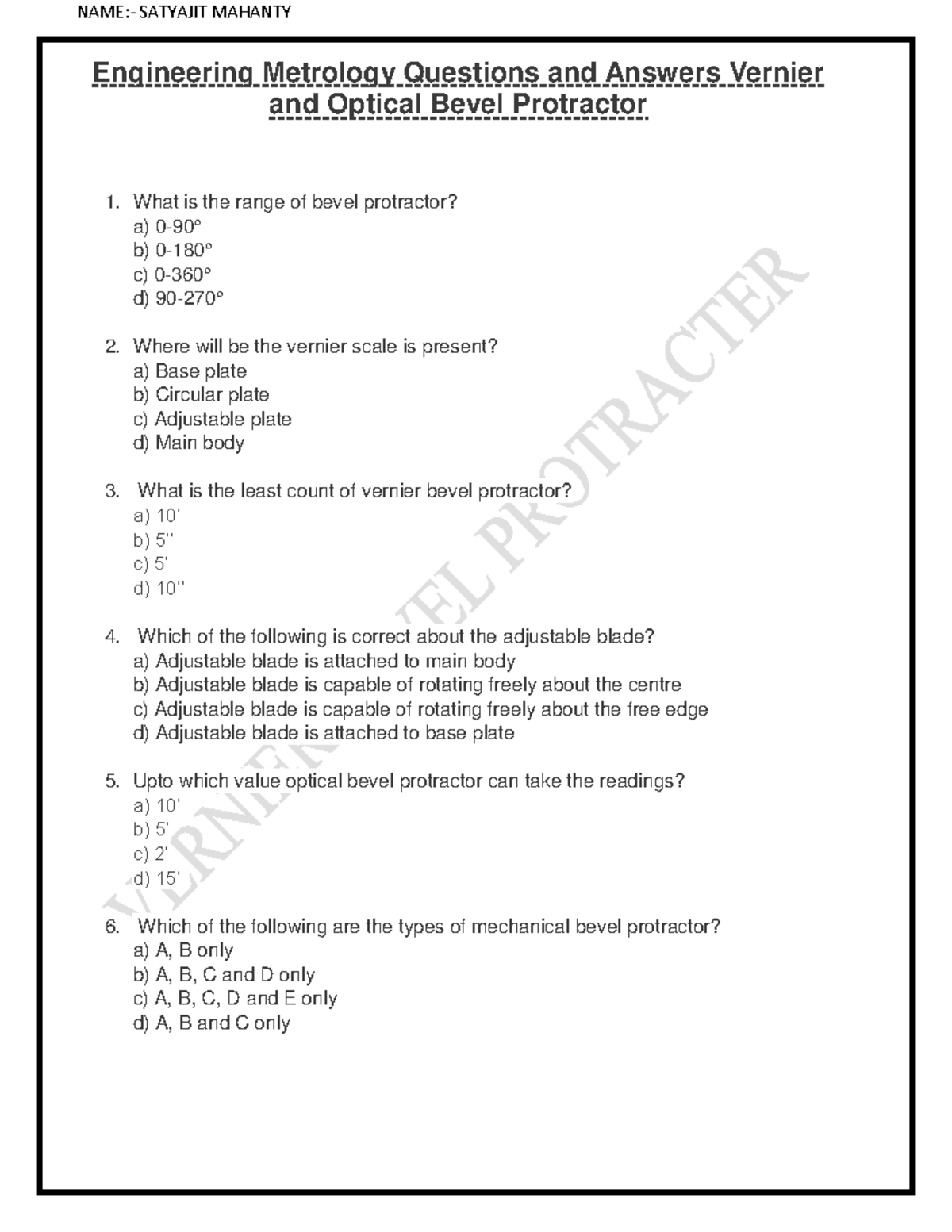 Engineering Metrology Questions and Answers Vernier and Optical Bevel
