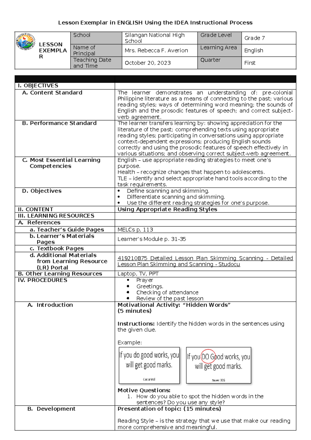 Lesson Exemplar First Quarter English 7docx - Lesson Exemplar in ...