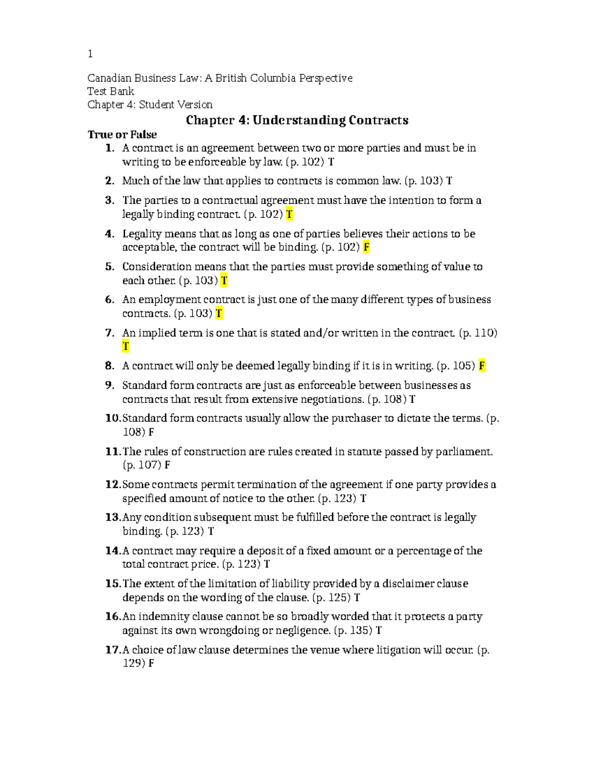 Cblbc TB 04 S - Test Bank Solutions Chap 4 - Canadian Business Law: A ...