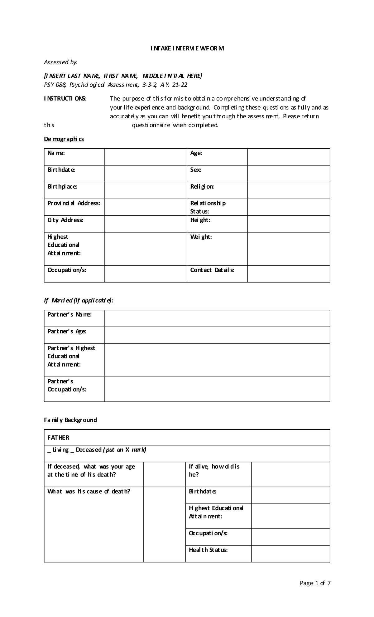 02 PSY 088, A2, Intake interview form - I NTAKE I NTERVI E WF OR M ...