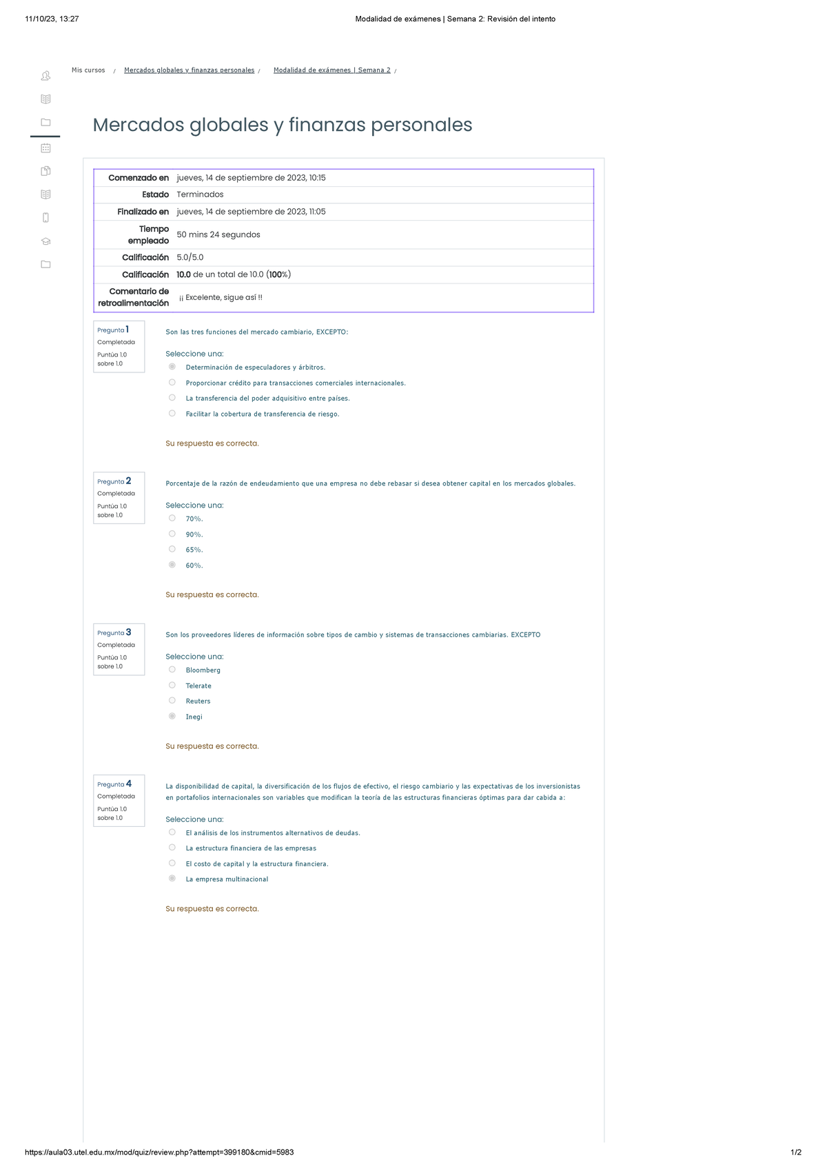 Modalidad De Exámenes Semana 2 Revisión Del Intento Mercados Globales Y ...