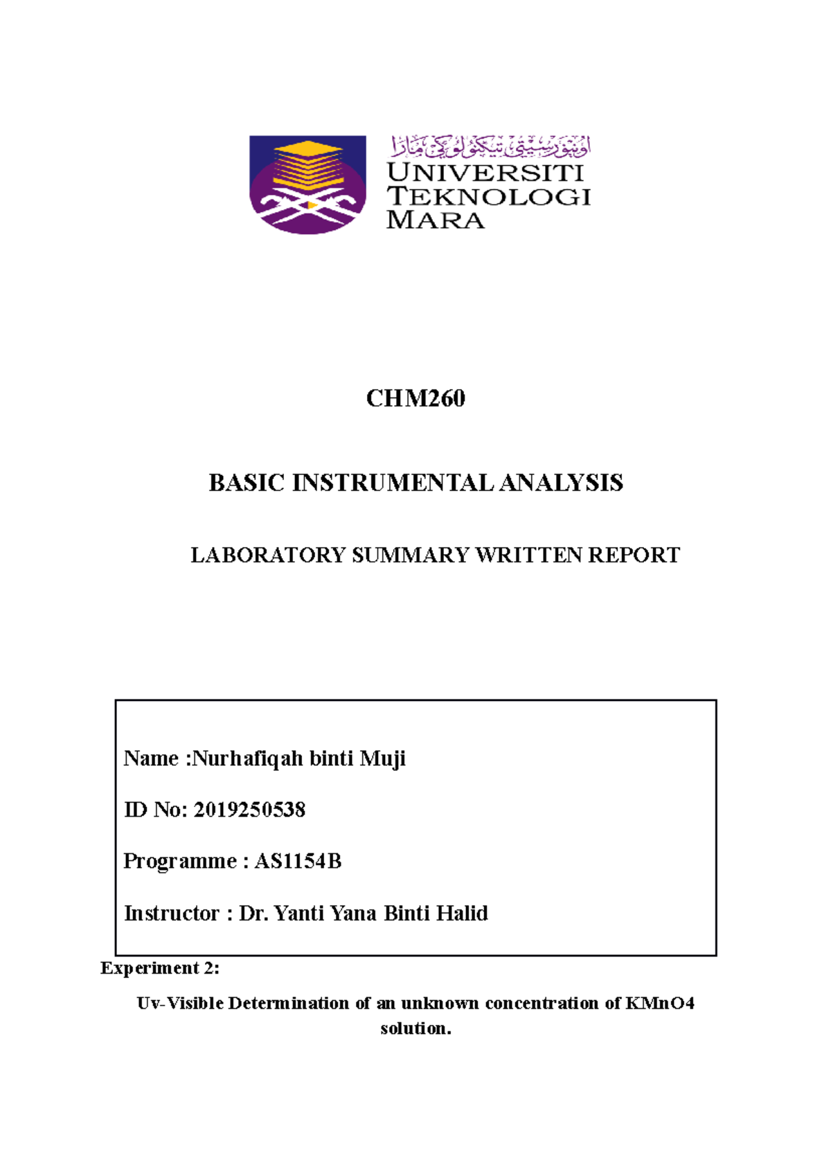 CHM260 Experiment 2 - CHM BASIC INSTRUMENTAL ANALYSIS LABORATORY ...