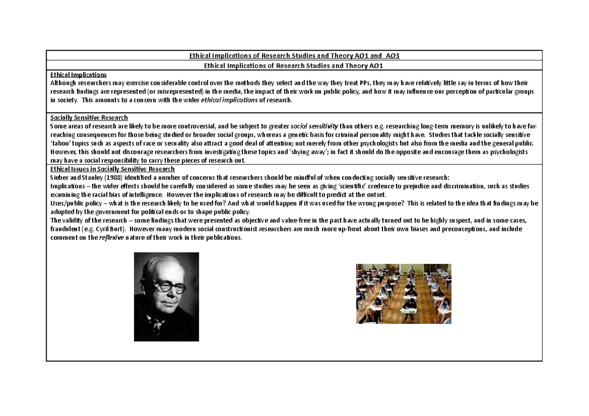 Ethical implications of research studies and theory AO1 AND AO3 ...