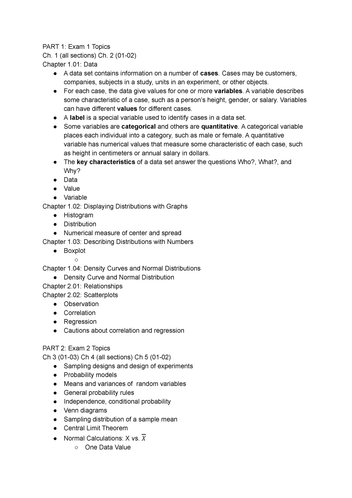 Final Exam Study Guide - STAT 2331 FALL 2018 - PART 1: Exam 1 Topics Ch ...