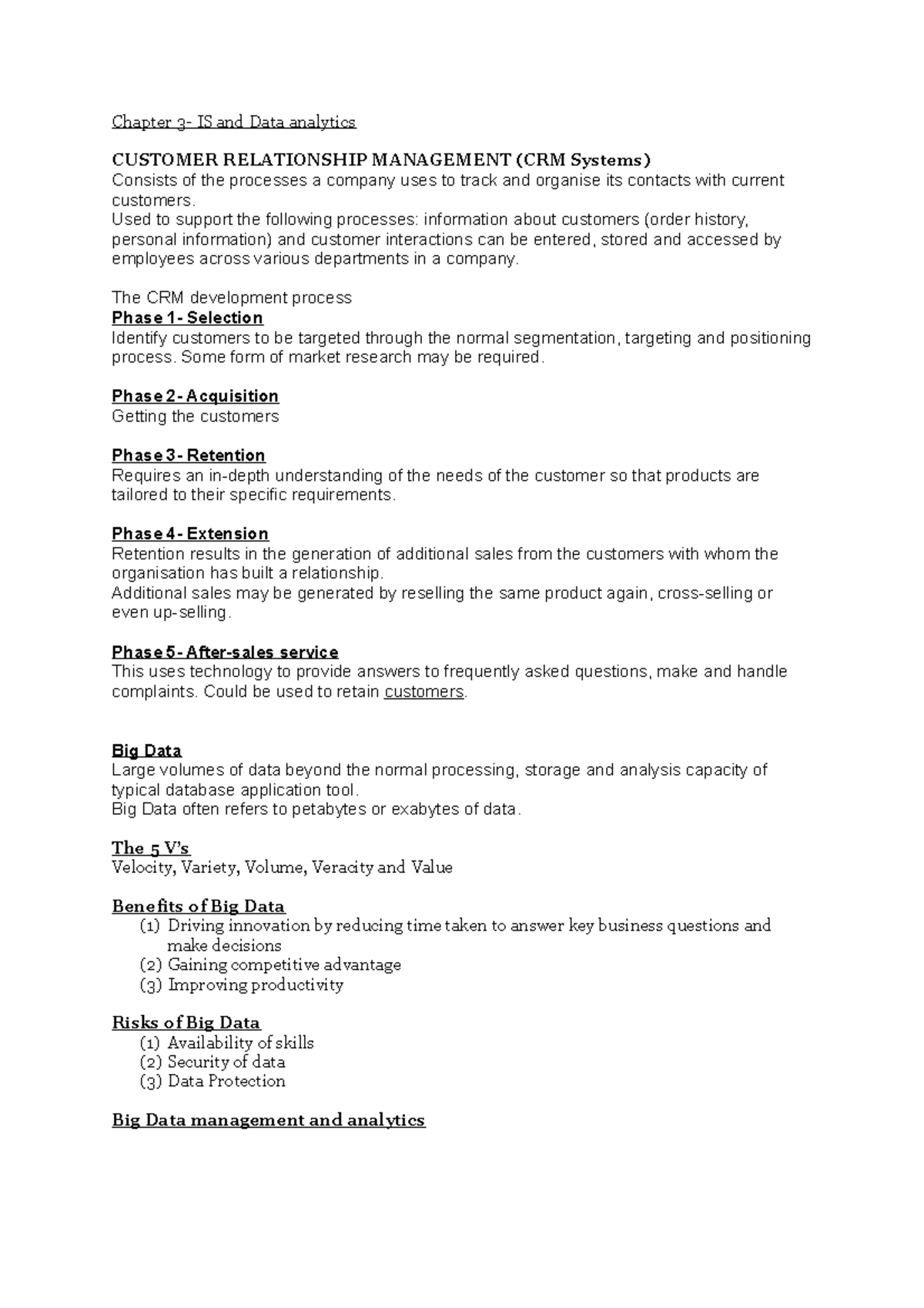 Chapter 3 - n.a - Chapter 3- IS and Data analytics CUSTOMER ...