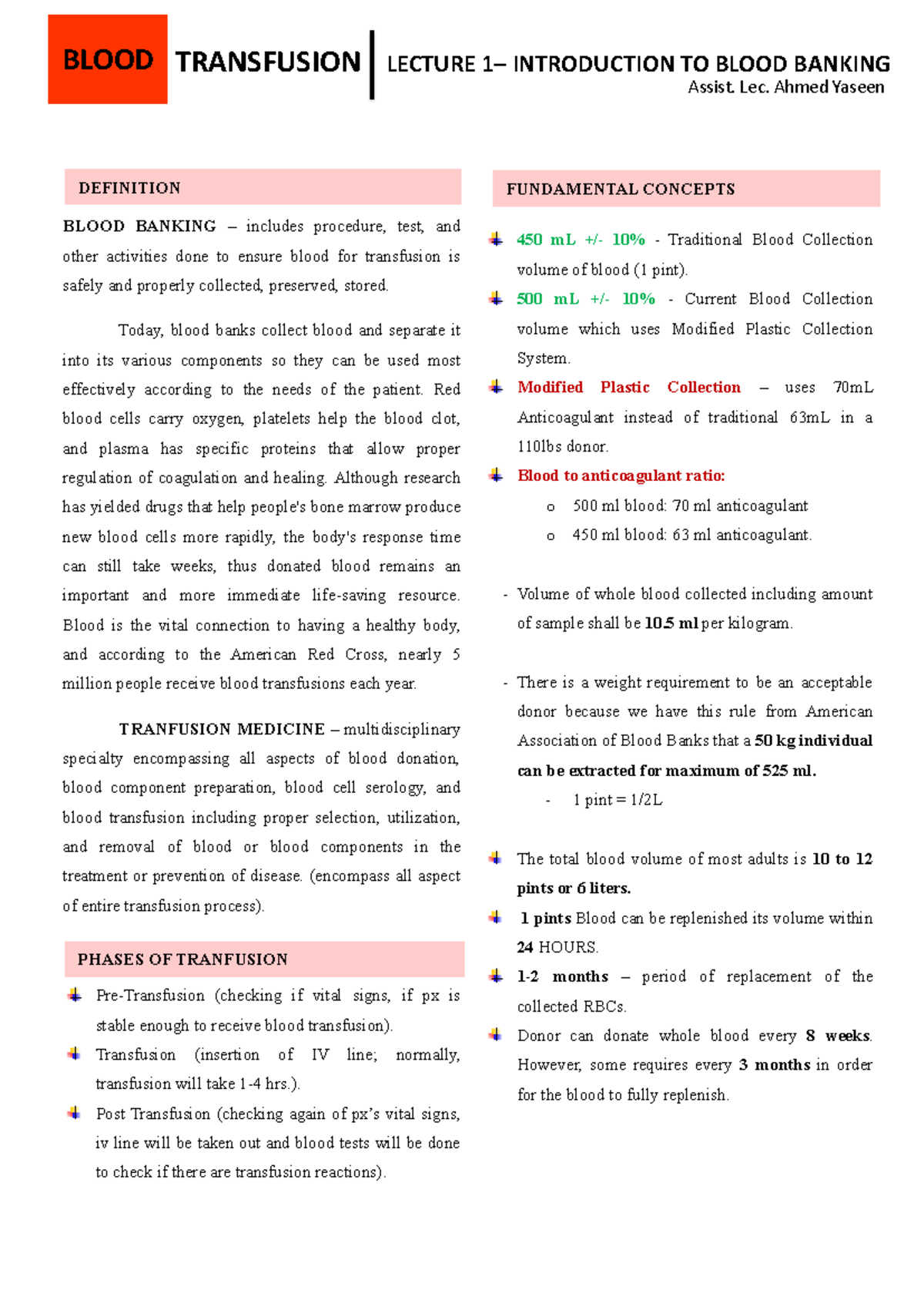 Blood Transfuation - Lec 1 - BLOOD TRANSFUSION LECTURE 1– INTRODUCTION ...
