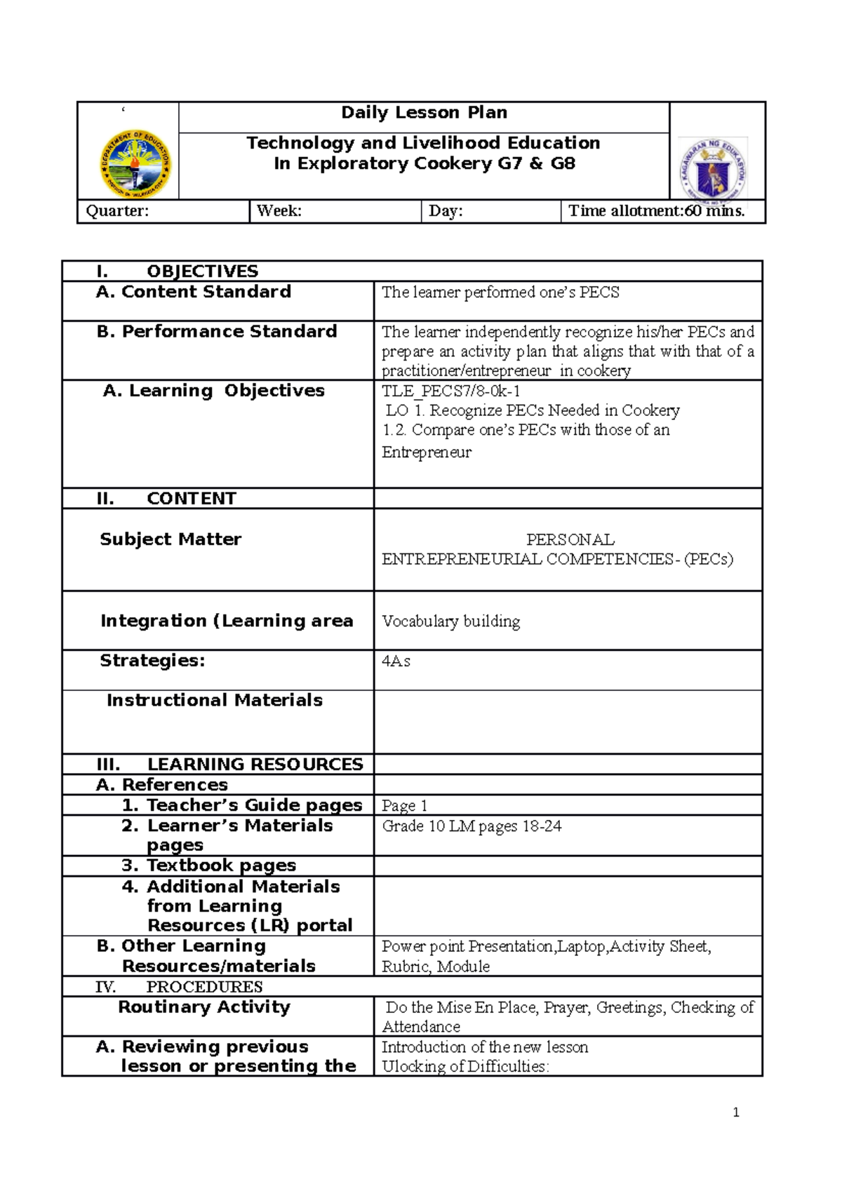 Final LP 1 Entrepreneurship PECS - ‘ Daily Lesson Plan Technology and ...