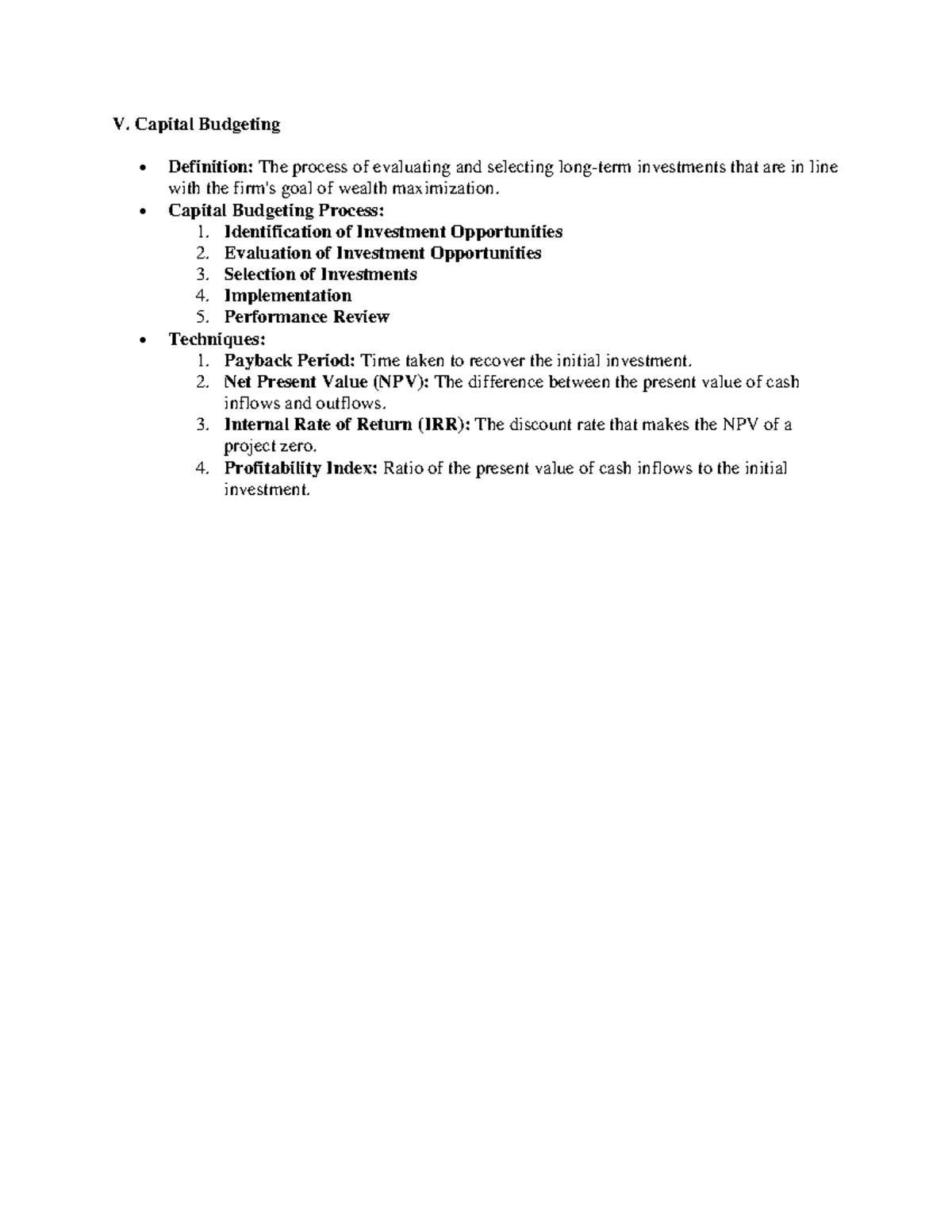 Capital Budgeting Process - V. Capital Budgeting • Definition: The ...