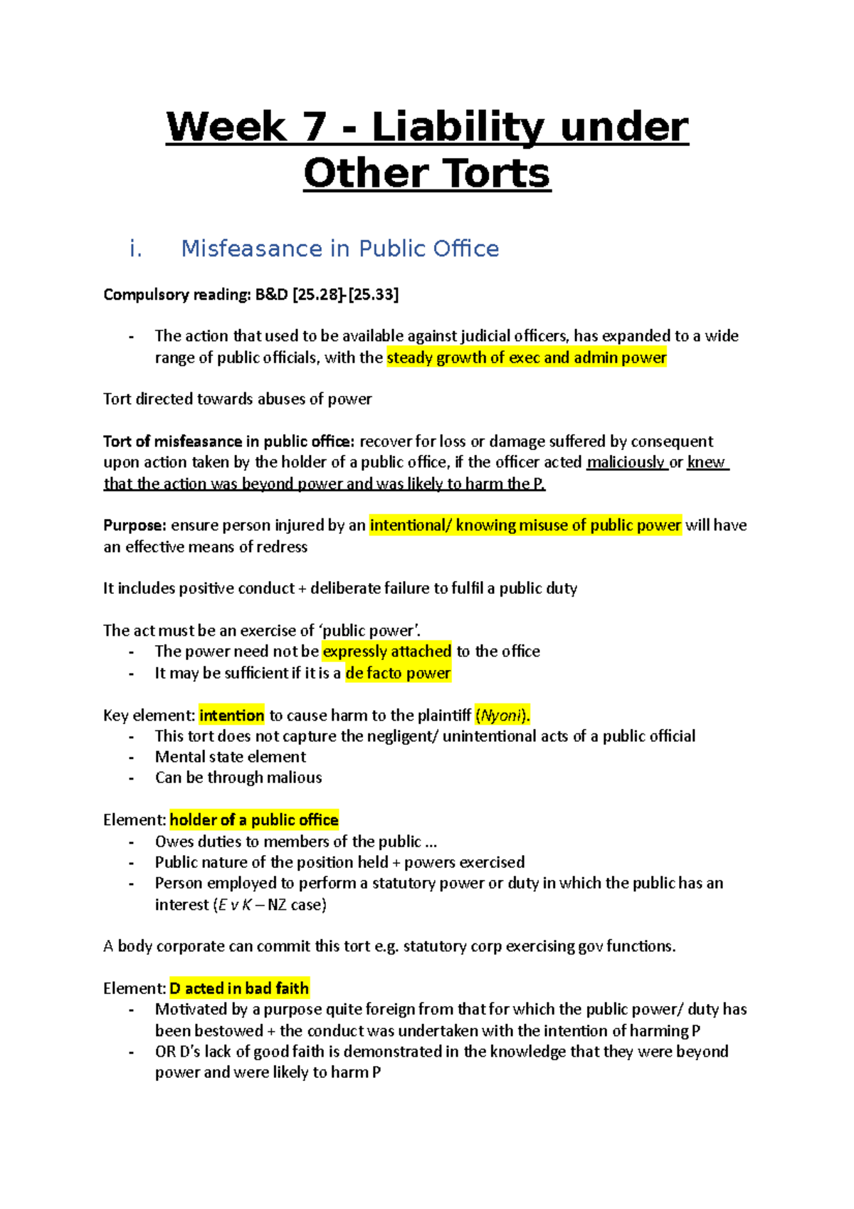 Week 7 - Liability under other torts - Week 7 - Liability under Other ...