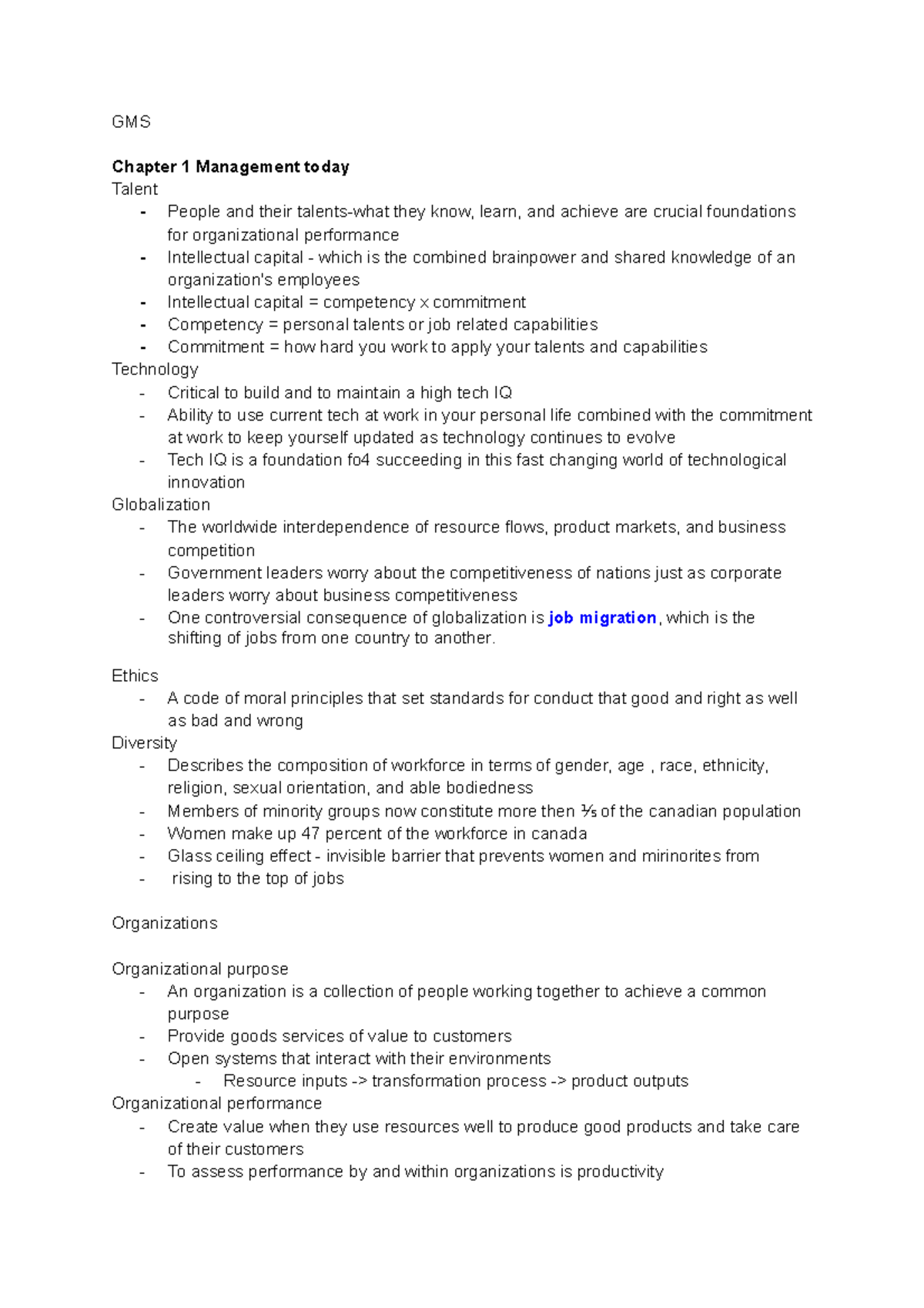 GMS lec notes - GMS Chapter 1 Management today Talent - People and ...