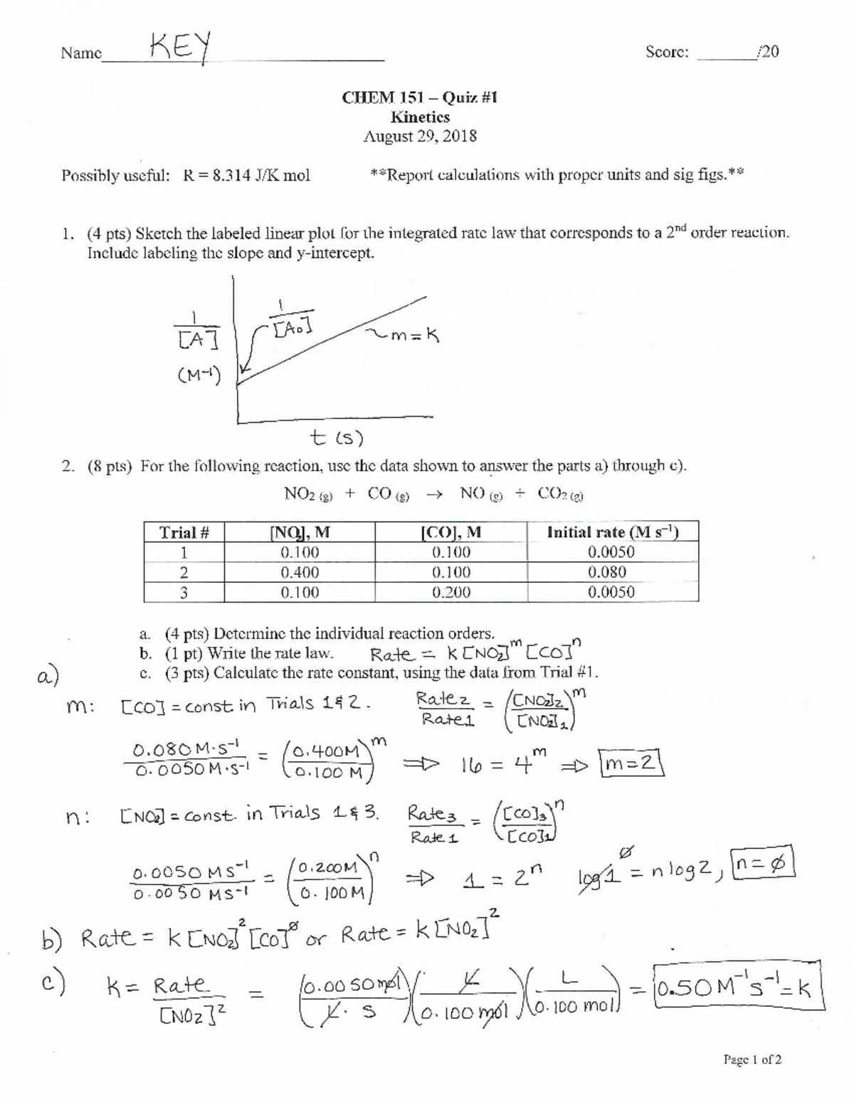 CHEM 151 Fall 2018 Quiz #1 Key - CHEM 151 - Studocu