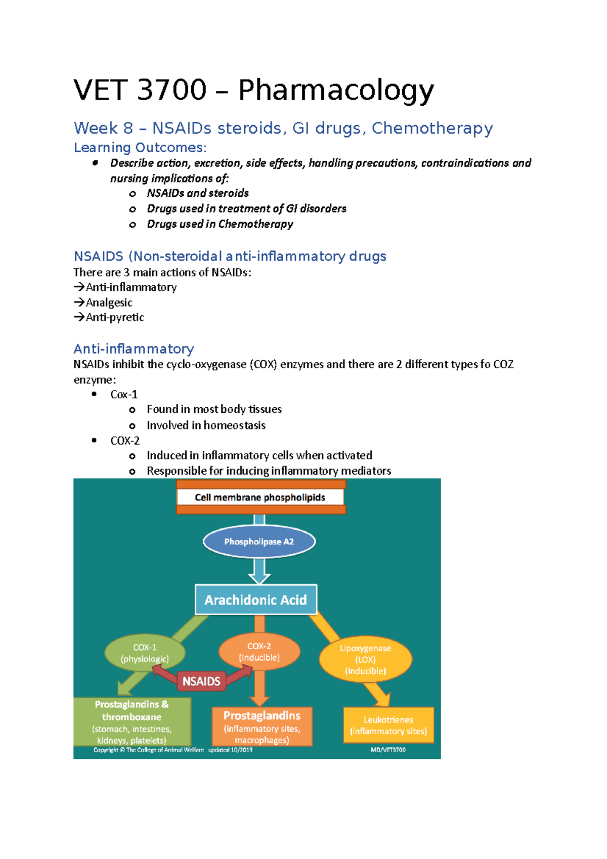 Pharmacology Nsaid steroids, GI drugs and Chemotherapy VET 3700