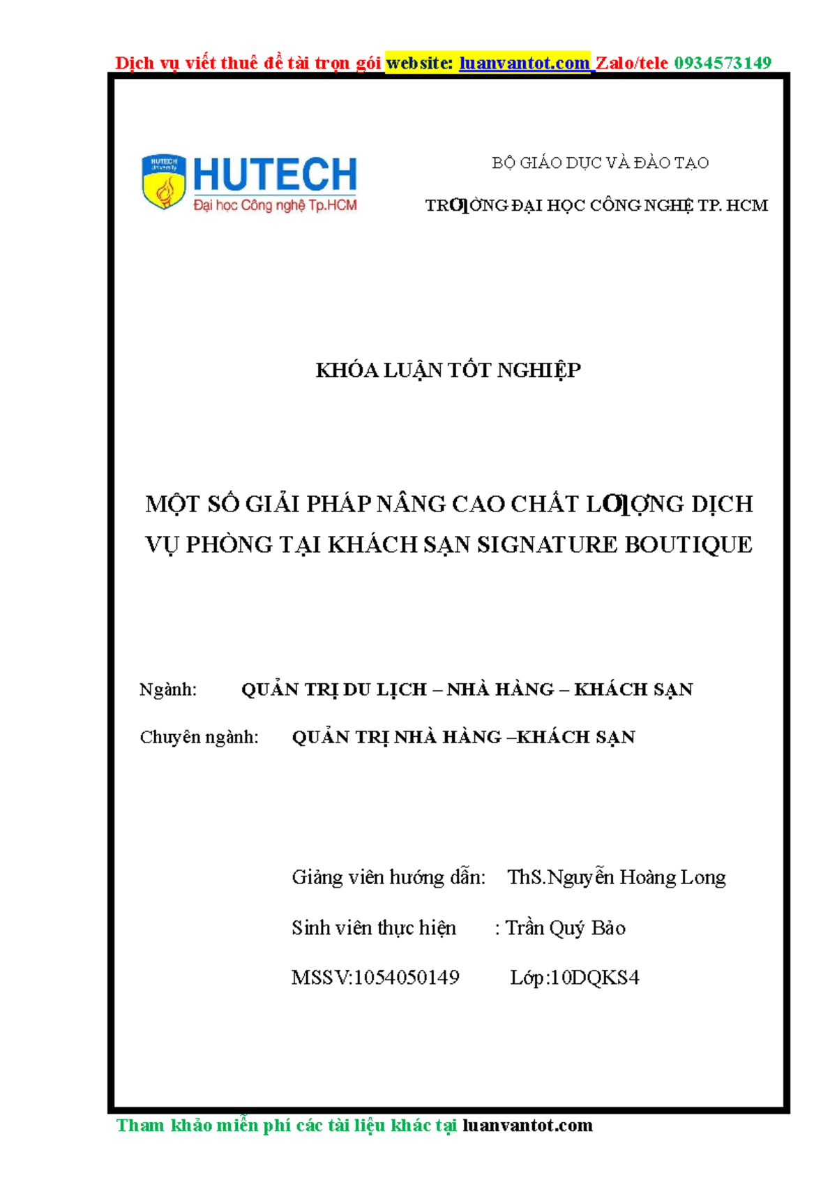 Giải Pháp Nâng Cao Chất Lượng Dịch Vụ Phòng Tại Khách Sạn - BỘ GIÁO DỤC 