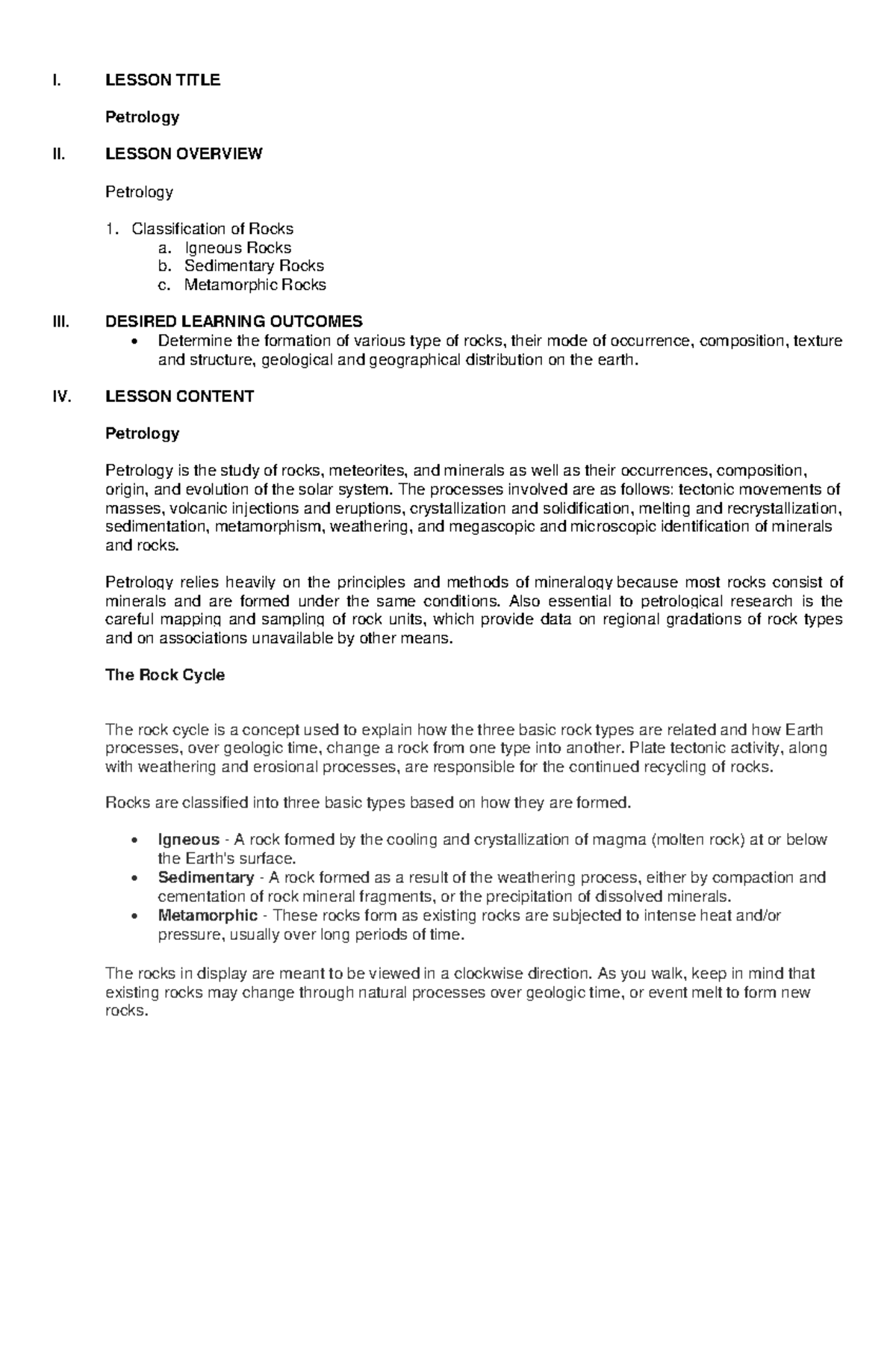 Petrology - I. Lesson Title Petrology Ii. Lesson Overview Petrology 