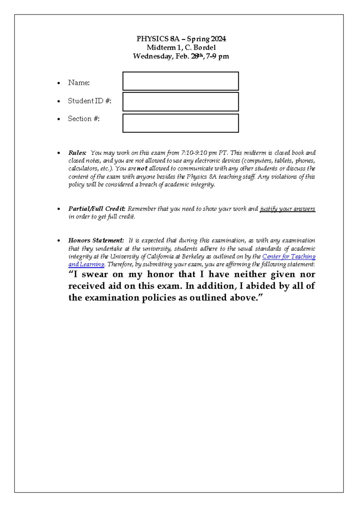 Phys8A-Sp2024 - Practice midterm - PHYSICS 8A – Spring 2024 Midterm 1 ...