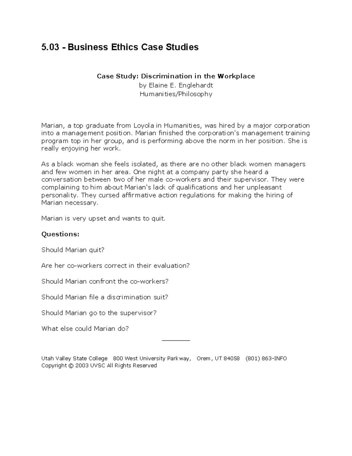 5 03E Ethics Case Study Workplace Discrimination 5 Business Ethics 