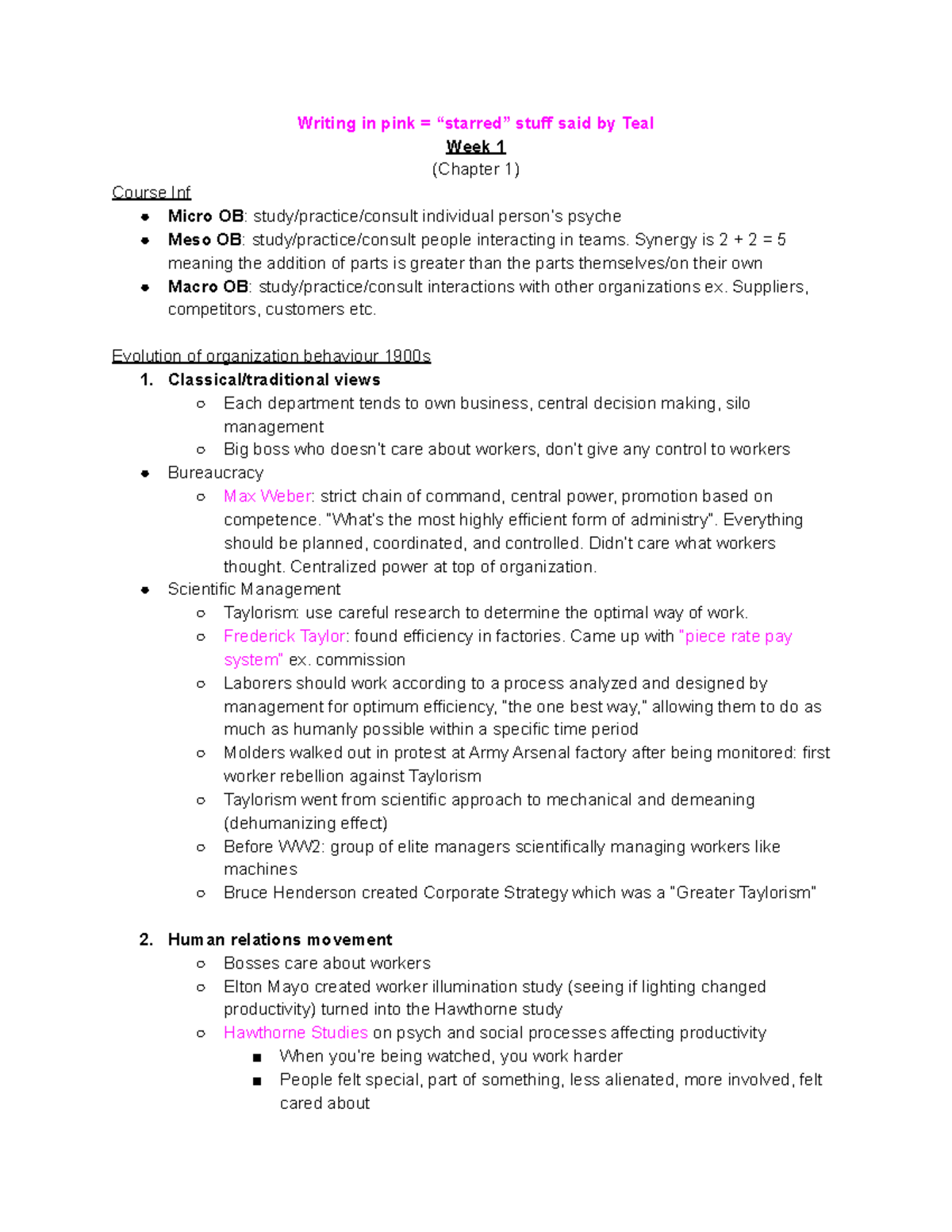 1BA3 - Organizational Behaviour Lecture Notes - Writing in pink ...