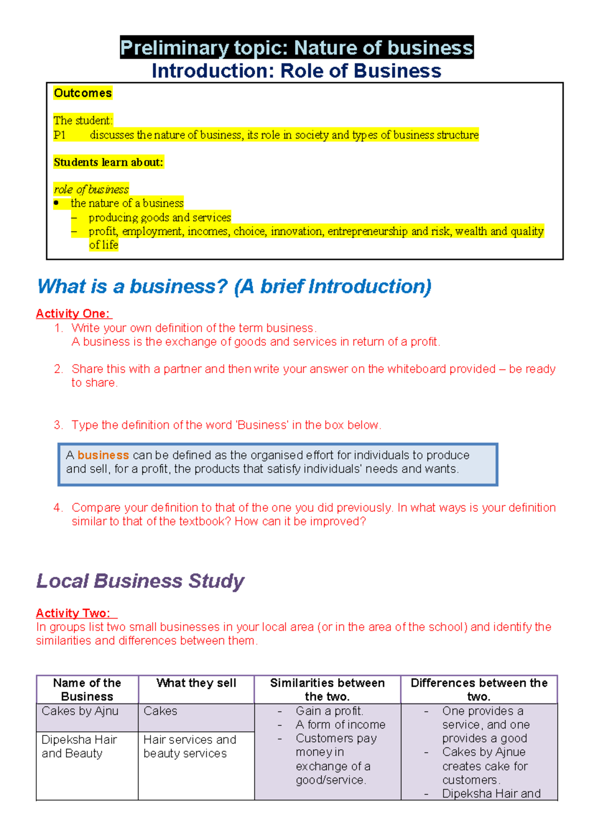 1 Role of Business Intro - Preliminary topic: Nature of business ...