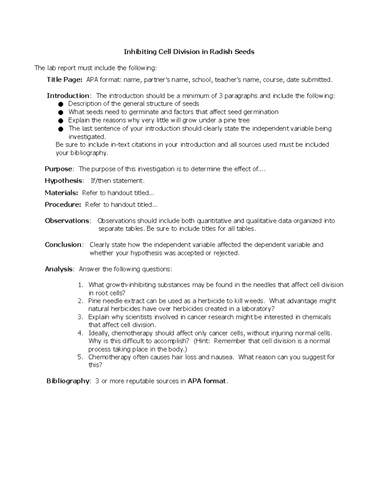Seed Germination Lab Outline Inhibiting Cell Division in Radish Seeds