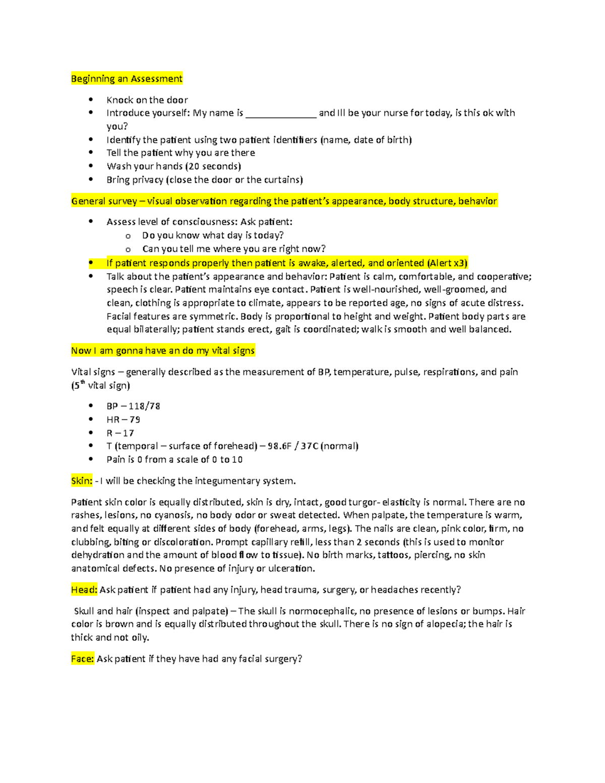 Head to Toe Final Script - Beginning an Assessment Knock on the door ...