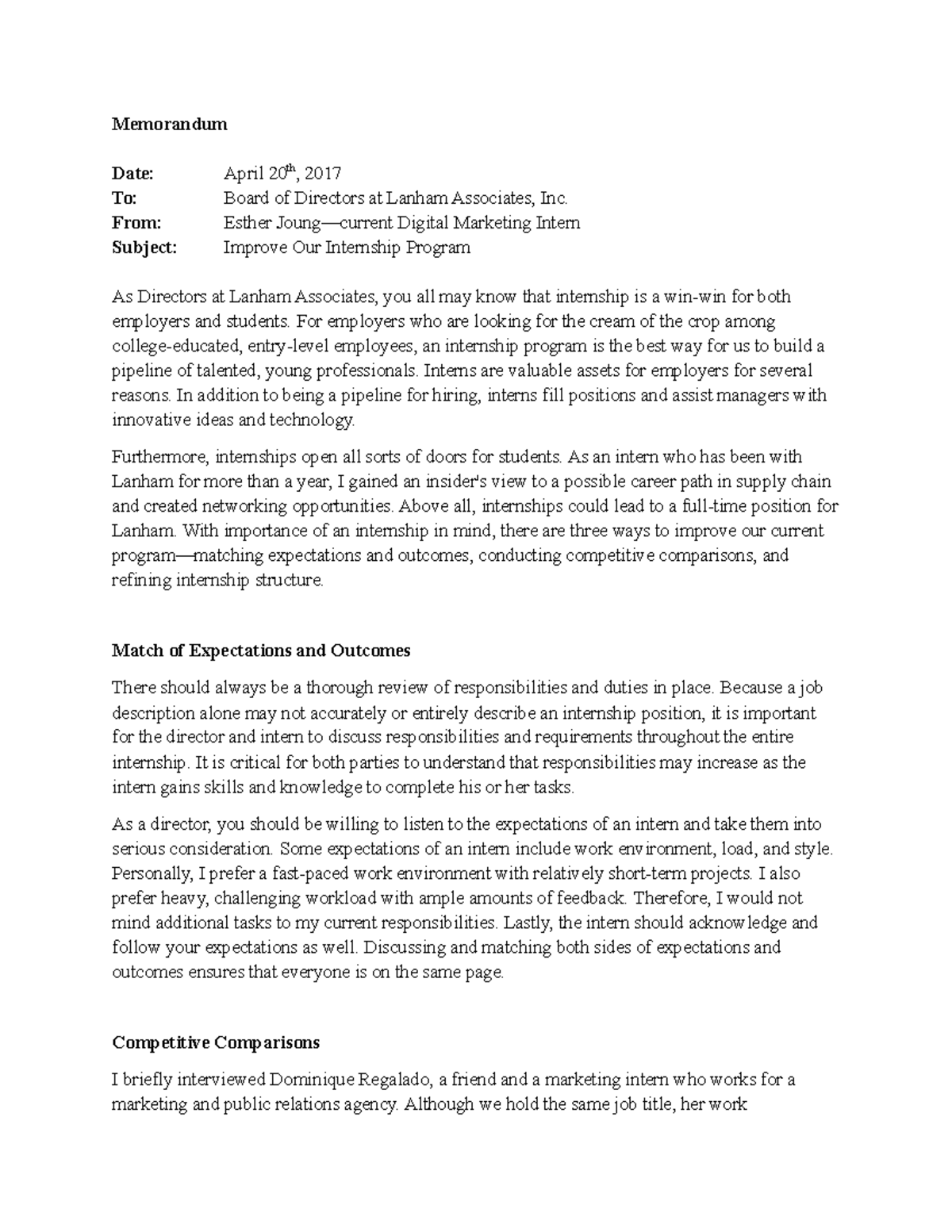 Joung Persuasive Memo Memorandum Date To From Subject April 20th