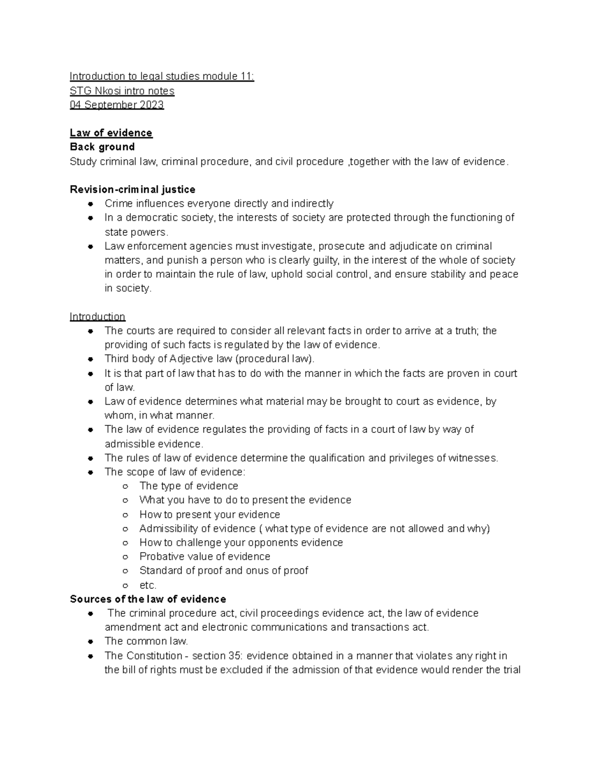 Untitled document - Law of evidence note - Introduction to legal ...