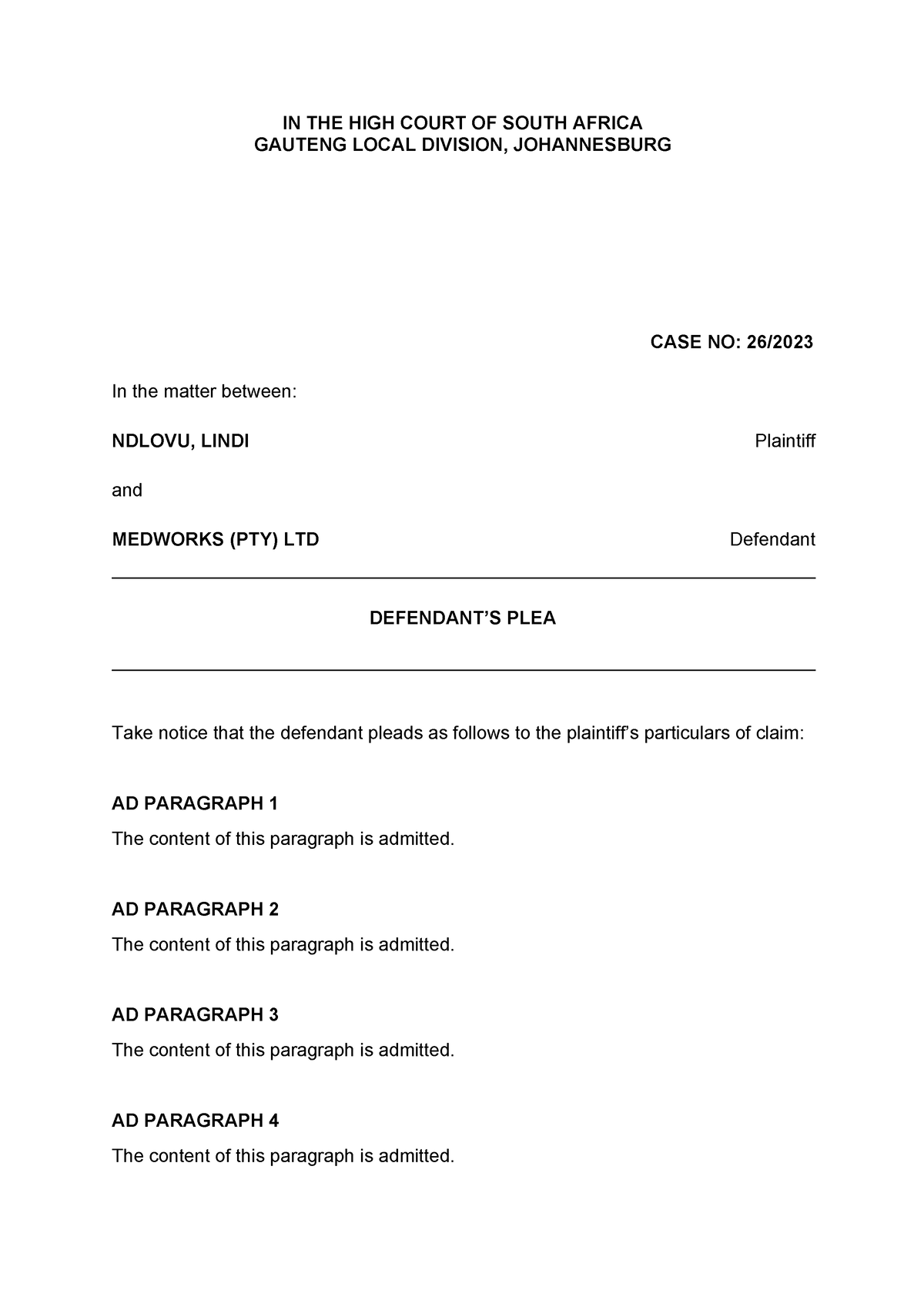 Template - Plea and counterclaim template - IN THE HIGH COURT OF SOUTH ...