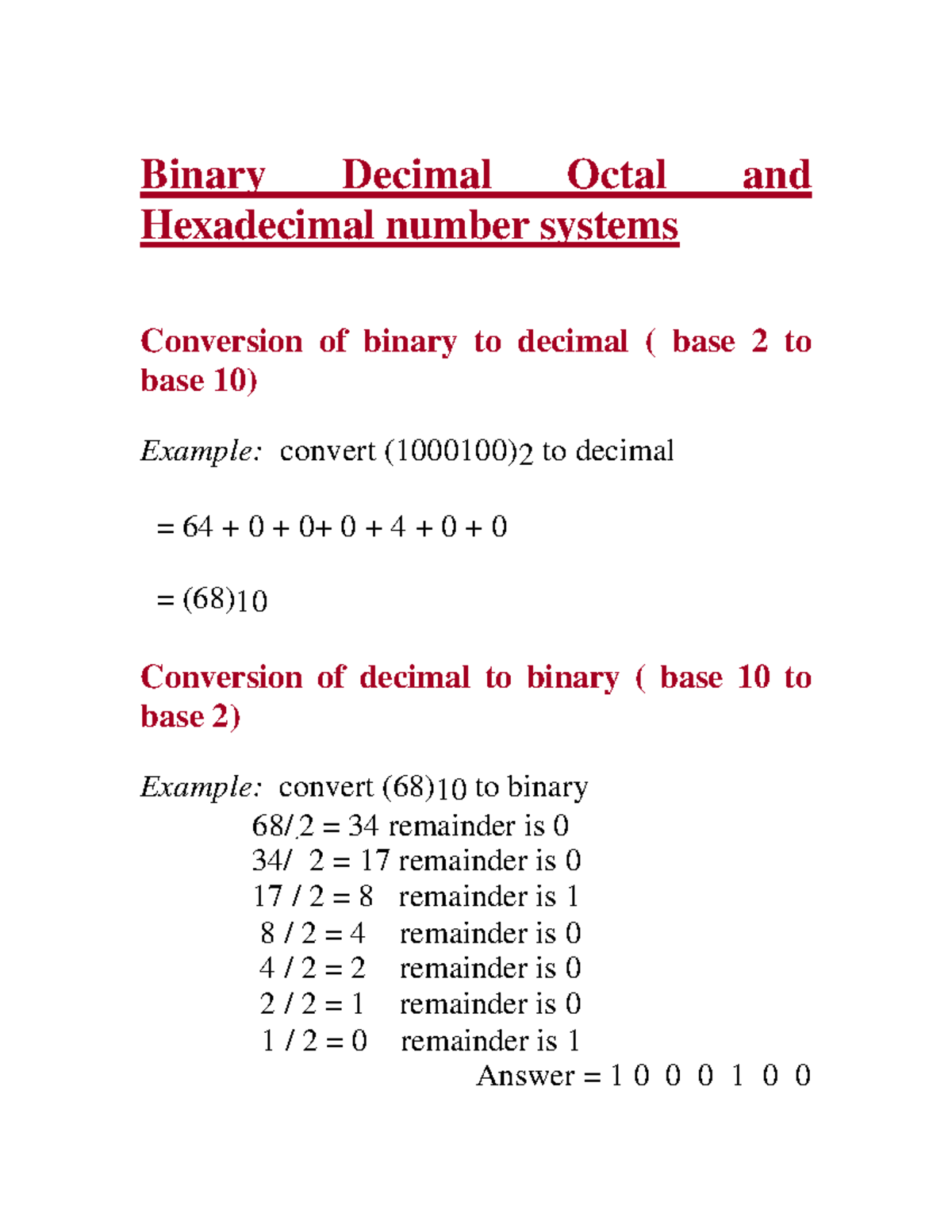 Number convertion doc 1 - Binary Decimal Octal and Hexadecimal number ...