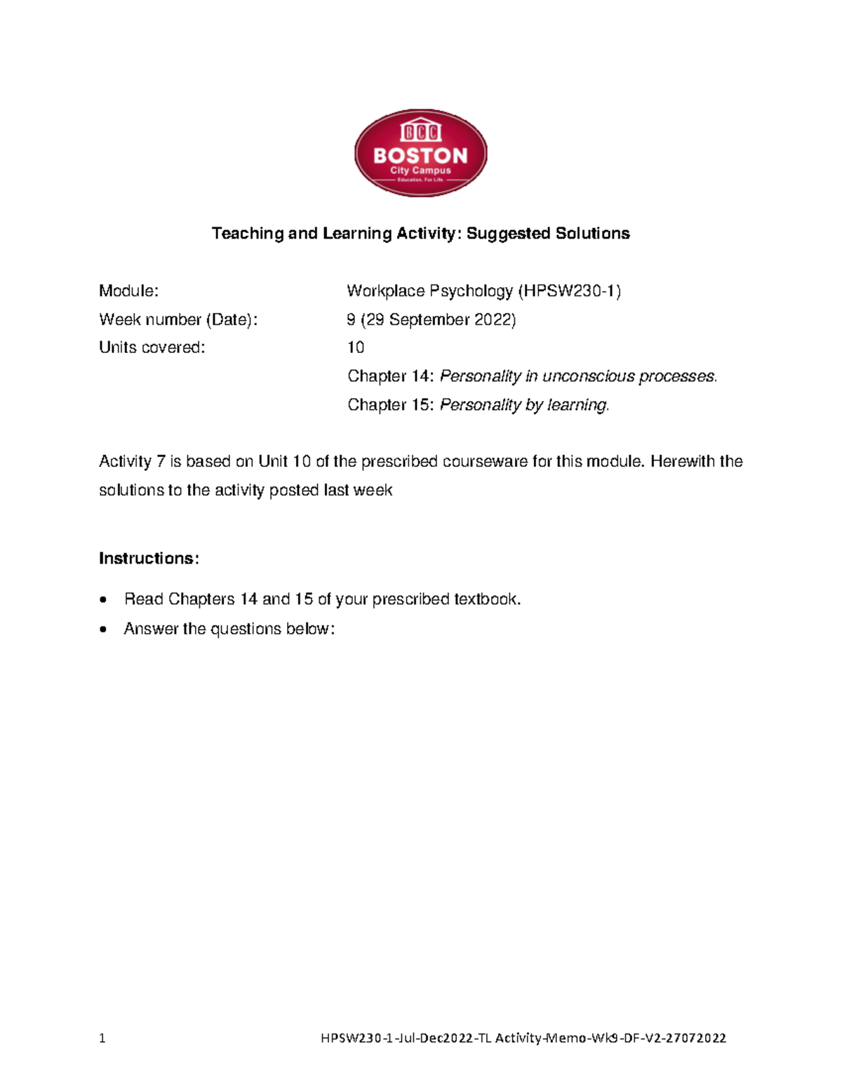 HPSW230-1- Activity Memo-Wk9 - Teaching and Learning Activity ...