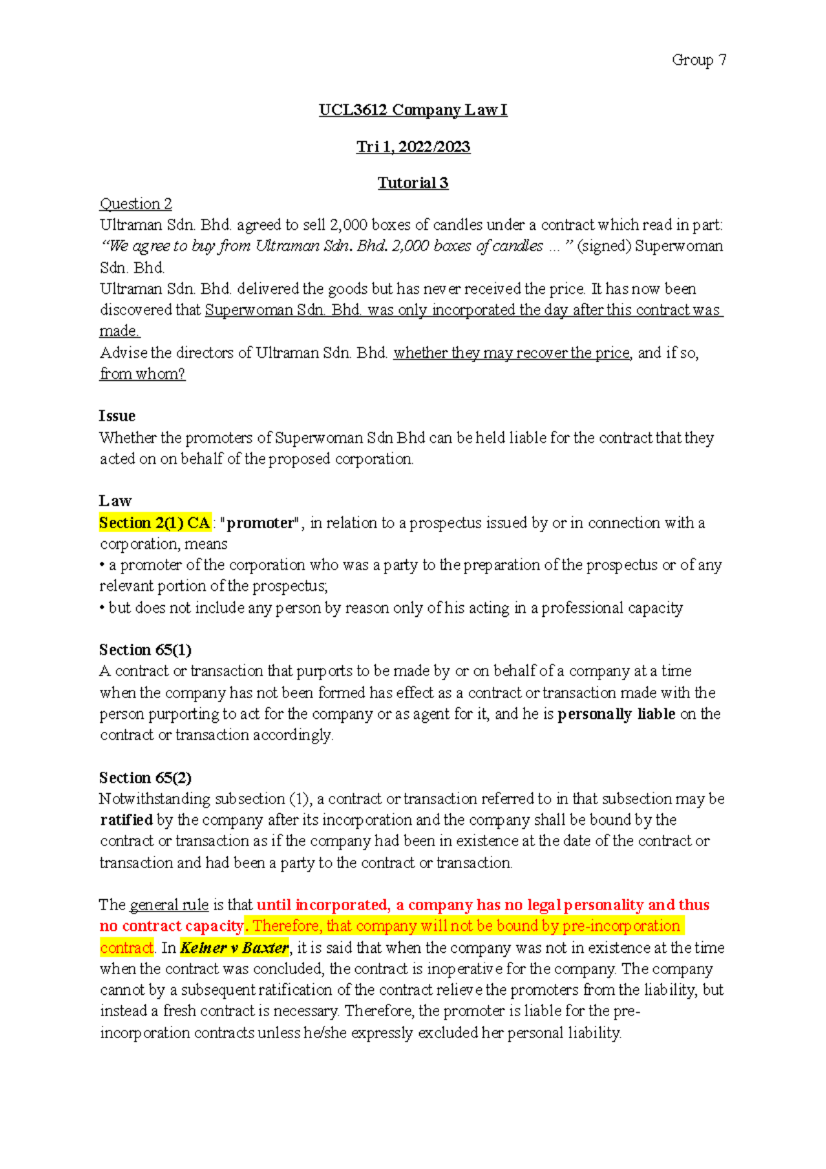 Tutorial 3 T8 Group 7 - Very helpful - Group 7 UCL3612 Company Law I ...