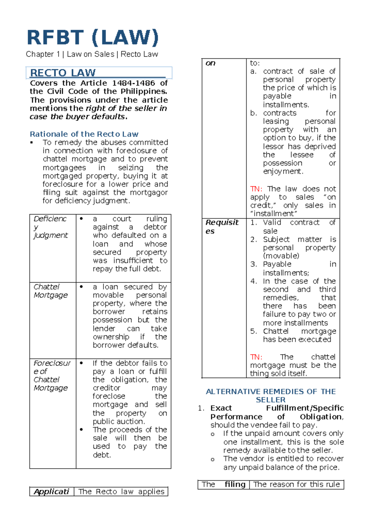 Recto LAW RFBT (LAW) Chapter 1 Law on Sales Recto Law RECTO LAW