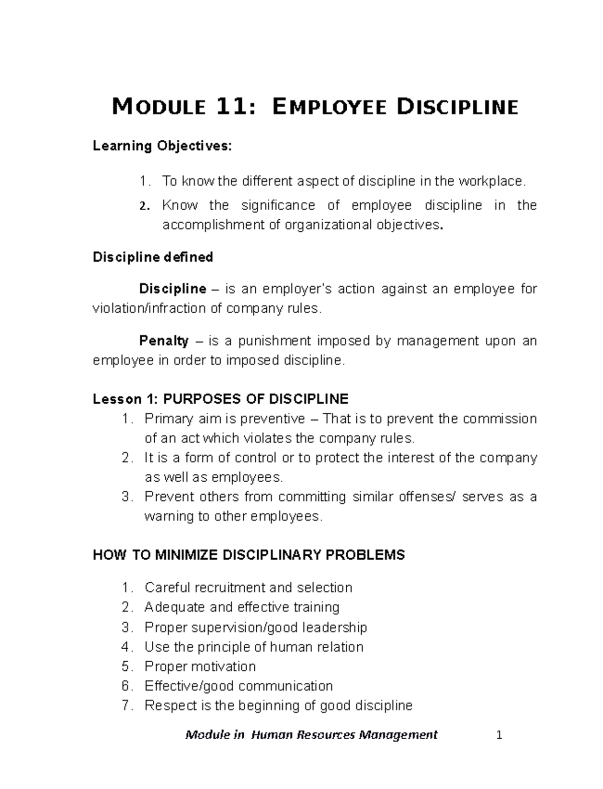 Hrm Lecture Note - Module 11: Employee Discipline Aspects Of Discipline 