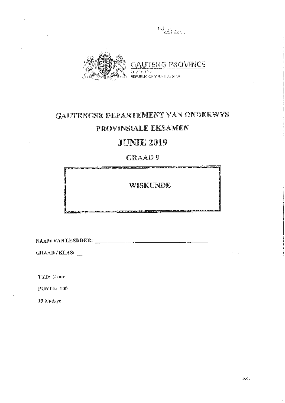 Gr 9 wisk gauteng junie 2019 question paper studocu