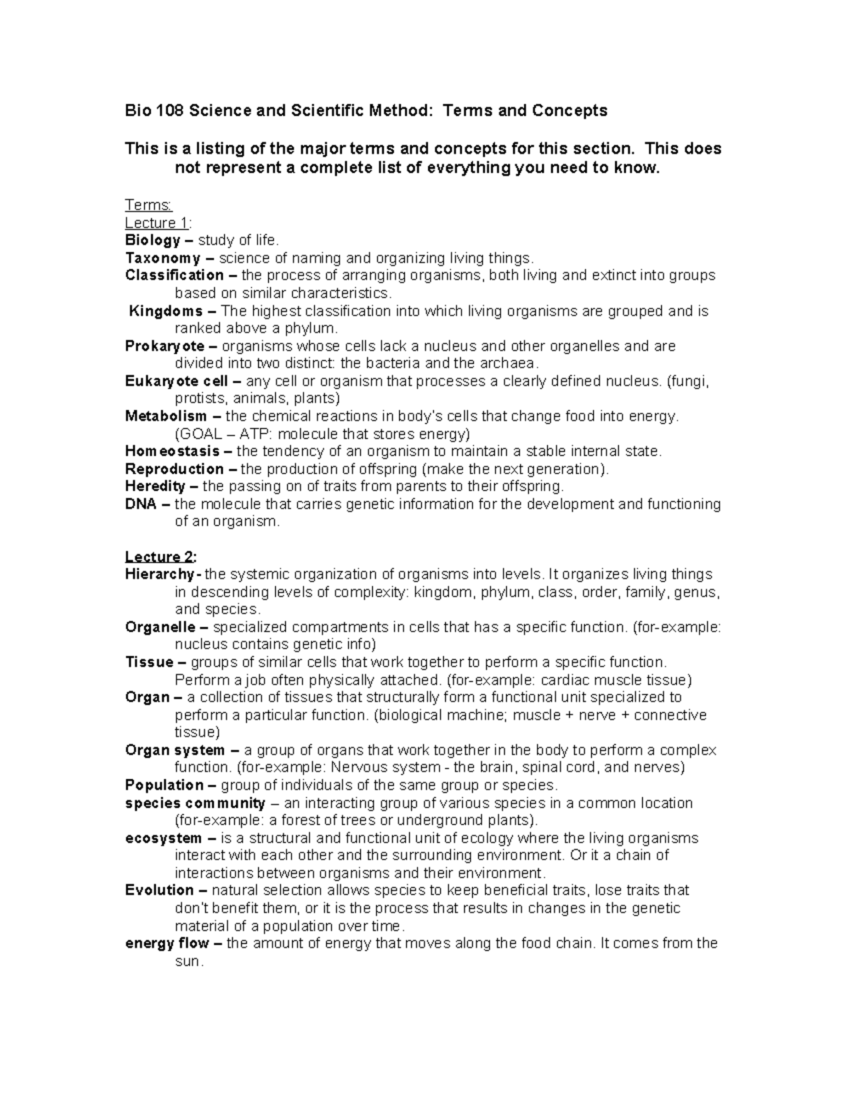 Bio 108 Study Guide 1 - Bio 108 Science and Scientific Method: Terms ...