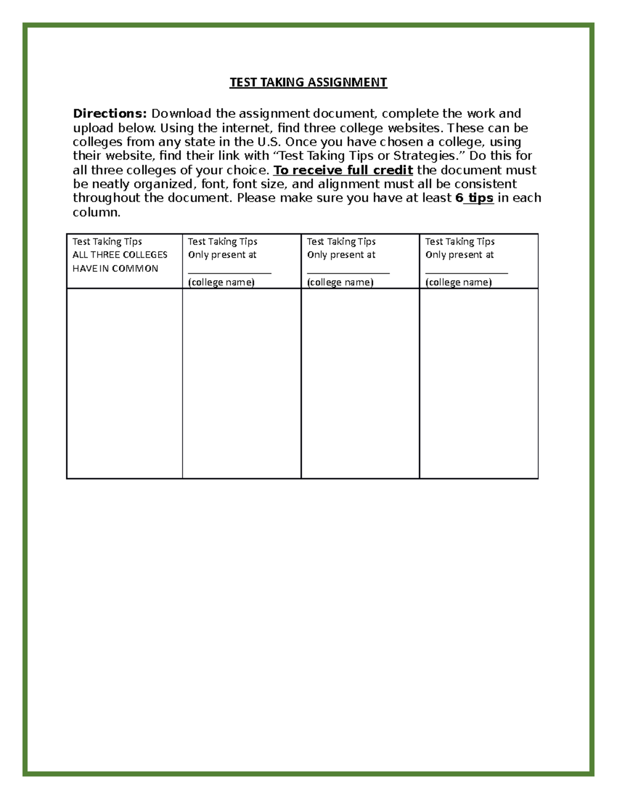 Testtaking-1 - test taking - TEST TAKING ASSIGNMENT Directions ...