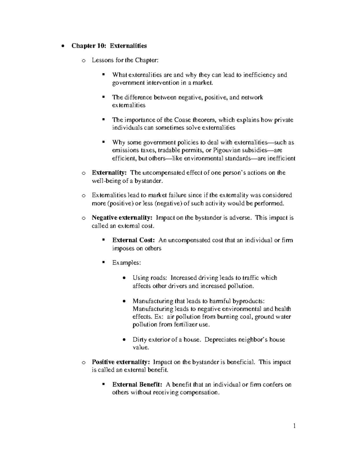 Notes Ch 10 and Ch 11 - note - Chapter 10: Externalities o Lessons for ...