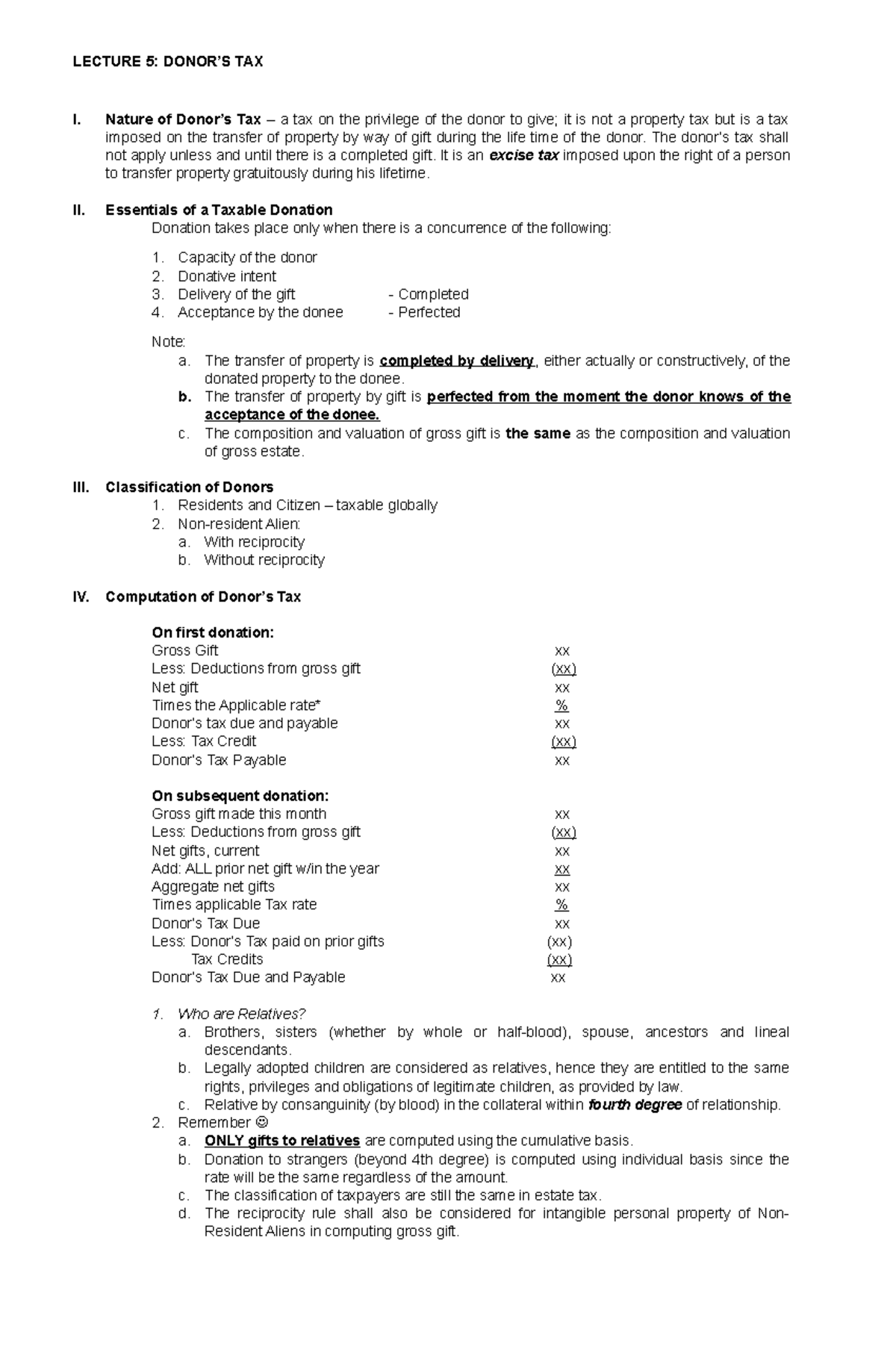 Lecture 5 - Donor s Tax - I. Nature of Donor’s Tax – a tax on the ...