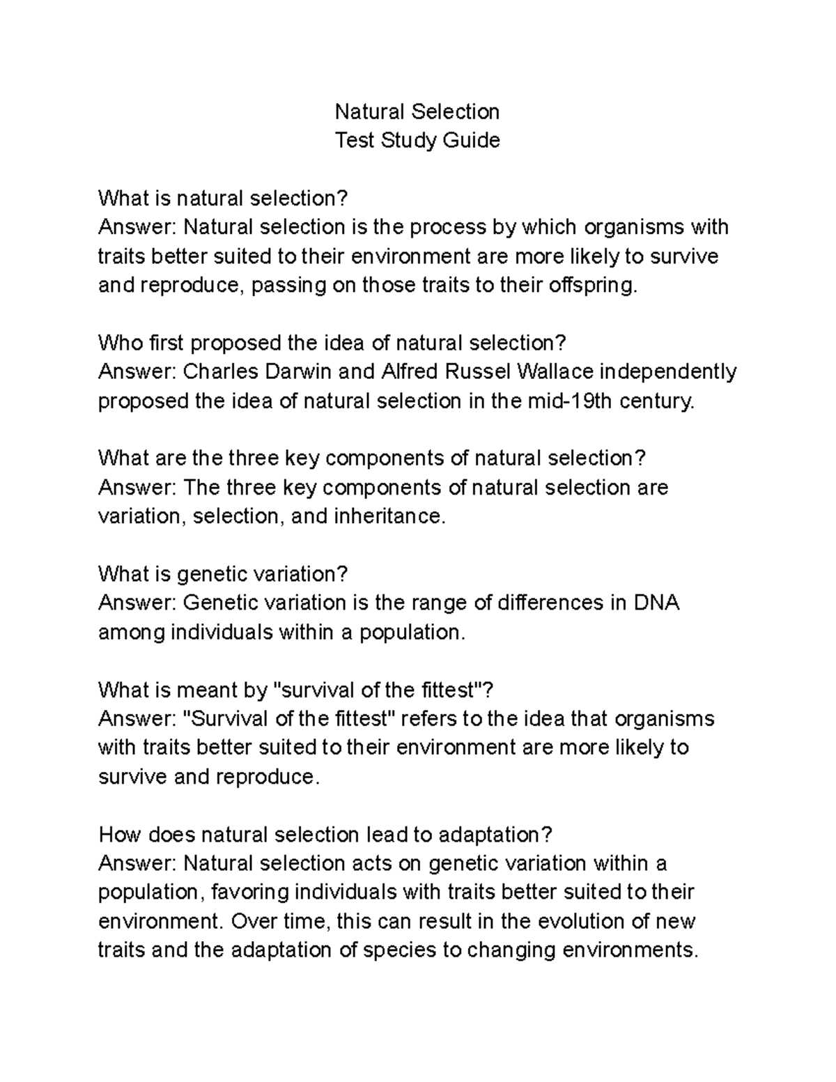 Natural Selection Test Study Guide Natural Selection Test Study Guide