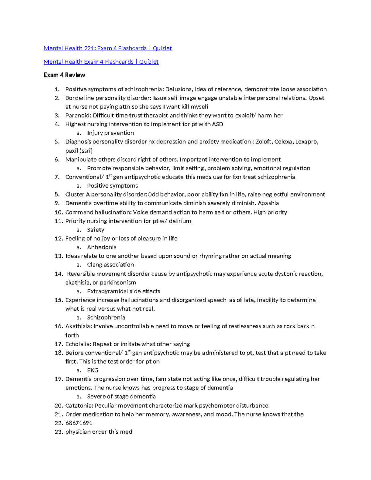 Exam4 Review Mental Health 221 Exam 4 Flashcards Quizlet Mental