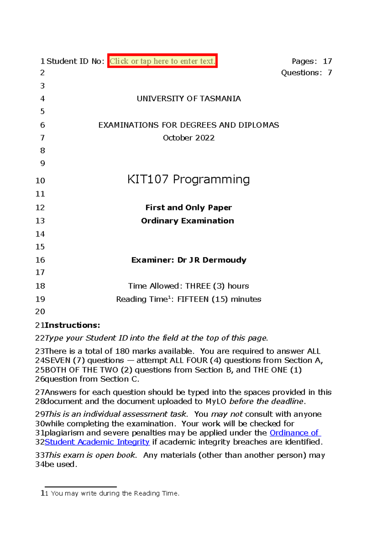 KIT107 test paper - Lecture notes - Student ID No: Click or tap here to ...