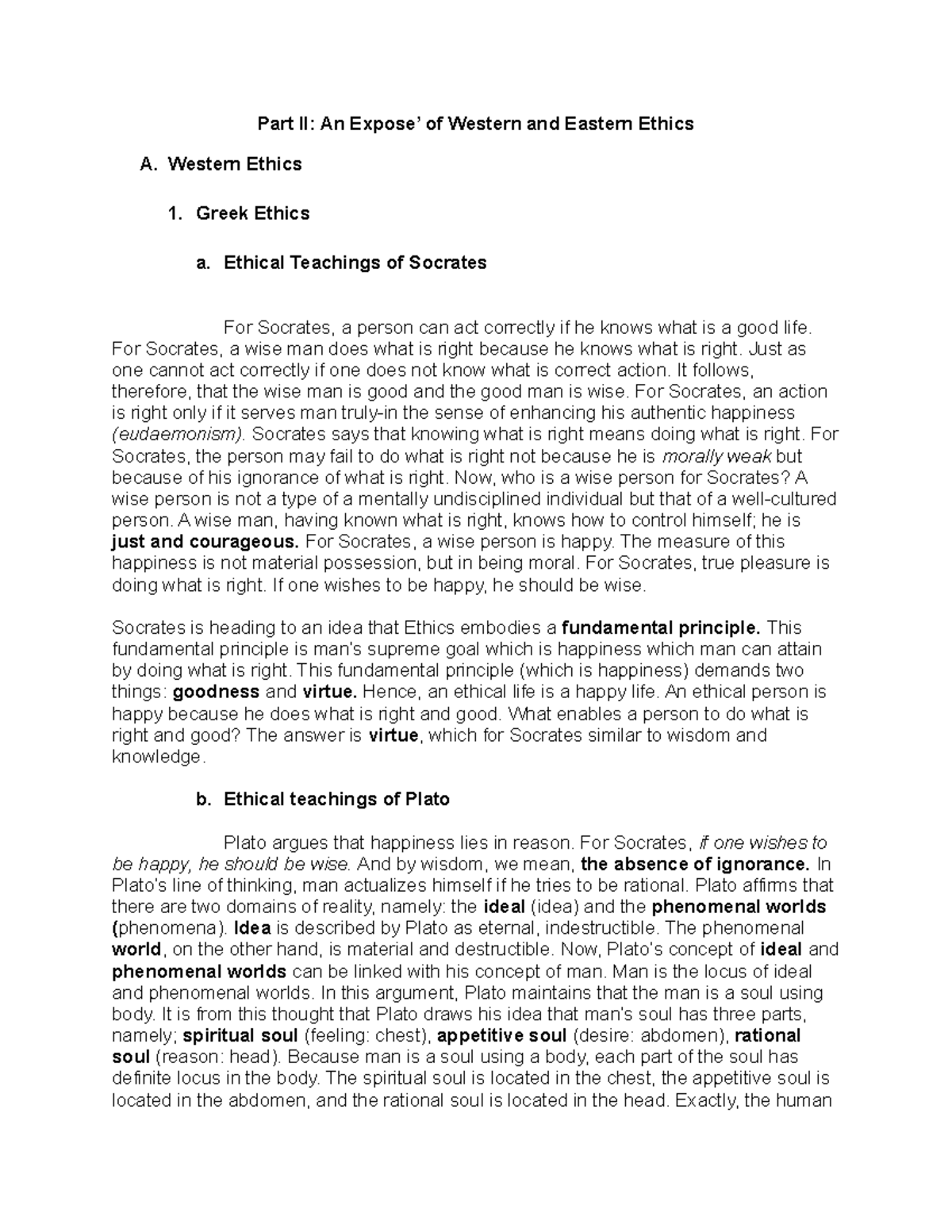 Handouts in Ethics An Expose of Western and Eastern Ethics Part II An Expose’ of Western and