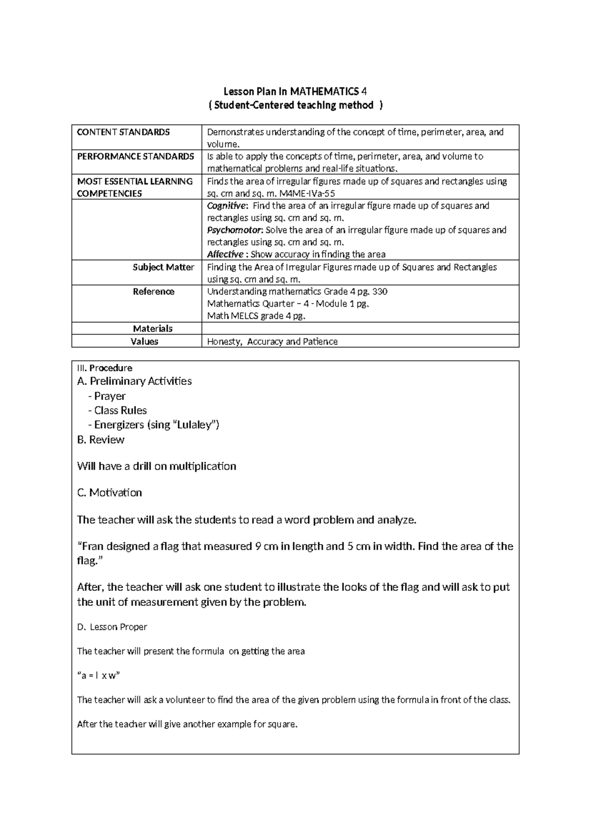 Lesson Plan in Mathematics 1 - Lesson Plan in MATHEMATICS 4 ( Student ...